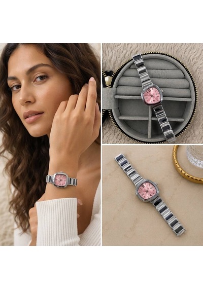 Premium Parlak Ve Şık Pembe Kadranlı Gümüş Renk Kadın Saat