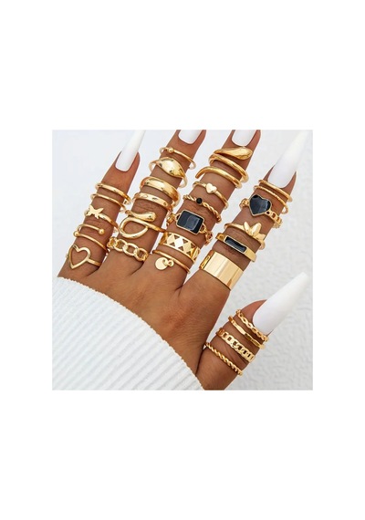 Miel Gold - 25/27 Parça Siyah Taşlı Figürlü Şık Tasarım Vintage Çoklu Gold Altın Yüzük Seti