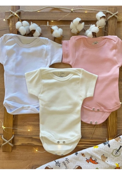 Betül Bebek Kısa Kollu 3'lü Organik Pamuk Çıtçıtlı Bebek Body&zıbın Pembe,beyaz,ekru Çok Renkli