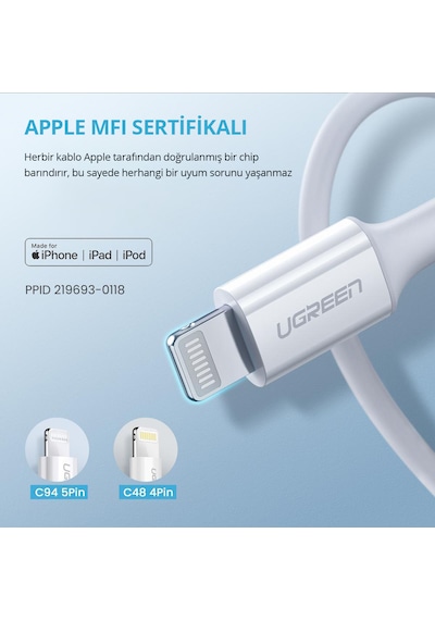 Ugreen 60749 Type-C to Lightning 3A PD MFi Sertifikalı Hızlı Şarj Kablosu 2 Metre Beyaz