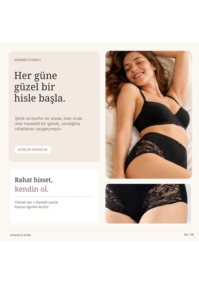 Genel Kadın Pamuklu 3'lü Yüksek Bel Güpürlü Bato Külot Siyah Ten Yanları Dantelli Günlük Ve Rahat İç Çam