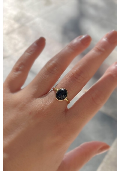 Gümüş 10x8 Mm Siyah Onix Taşlı Altın Kaplama Yüzük Diğer