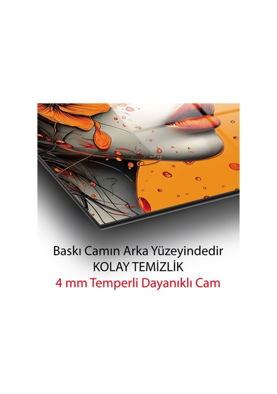 Modern Turuncu Çiçekli Lüks Kadın Portresi Dekoratif Cam Tablo Çiçek Temalı Dekoratif Duvar Tablosu, Salon Ve Yatak Odası Dekoru,