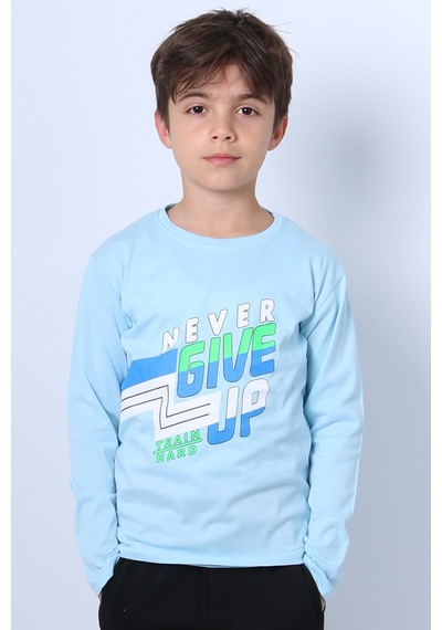 Hçm Erkek Çocuk Uzun Kollu Tshirt Never Give Up Baskılı Bisiklet Yaka D10 Turkuaz