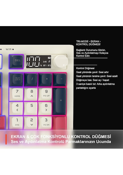 Lecoo Gk690 Kablosuz 3 Modlu 96 Tuşlu Rgb Gasket Membran Türkçe Q Oyuncu Klavyesi Beyaz Lacivert