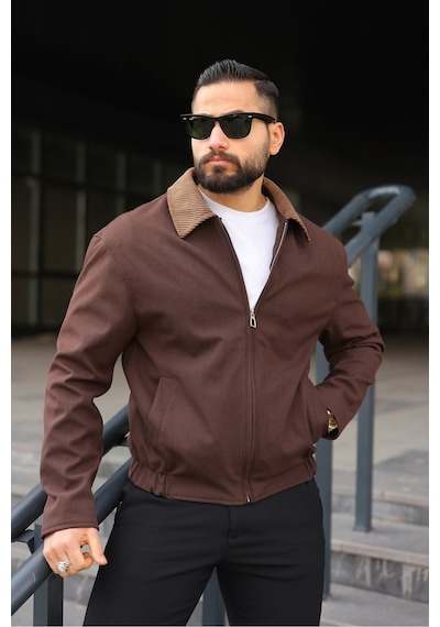 Kadife Yakalı Trucker Model Ceket Kahverengi