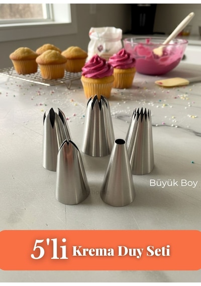Büyük Boy 5 Li Krema Duy Seti Paslanmaz Çelik Pasta, Cupcake Ve Tatlı Süsleme Uçları Set-1 Metalik Gri