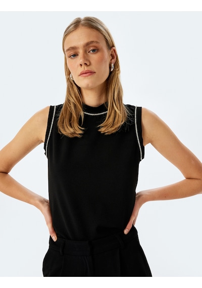 Koton Slim Fit Bisiklet Yaka Taşlı Kolsuz Tişört Siyah 5sak10005uk Siyah