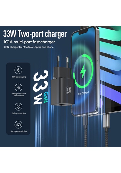 Nettech ANT-HCH07 2 Çıkışlı 33 W Gan PD+QC Şarj Aleti