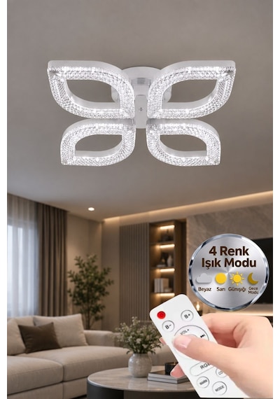 Yonca Model Beyaz Kumandalı 4"lü Ledli 3 Renk Modu Kristal Salon Mutfak Yatak Çocuk Odası Avize