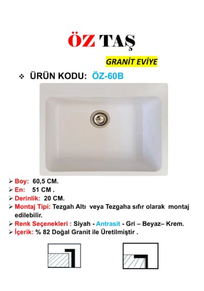 Öztaş ÖZ-60b Granit Mutfak Eviye Beyaz Tek Gözlü 55 x 60 CM