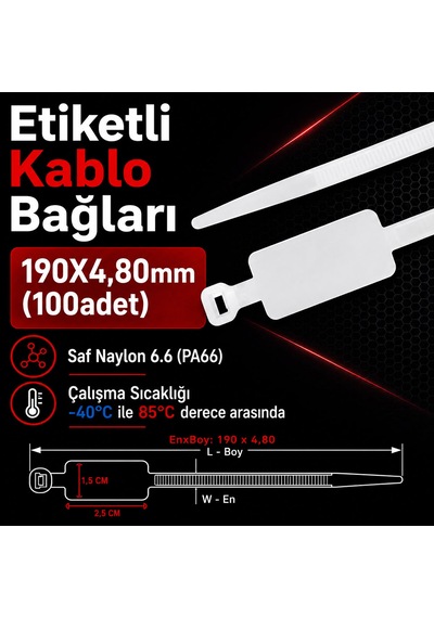 190x4.80mm Etiketli Kablo Bağları 100 Adet 190x4.80mm 100 Adet