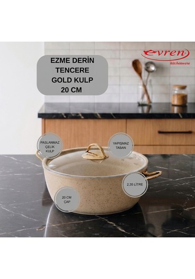 18 Cm Cream Ezme Seri Granit Derin Tencere, Non-stick Derin Tencere 1,6 Lt Gold Çelik Kulp 20 Cm