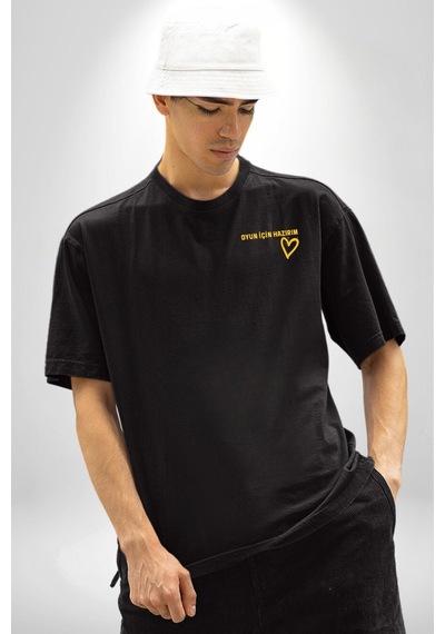 Oyun İçin Hazırım Kalp Siyah Oversize Unisex Ön Ve Sırt Baskılı Tişört Siyah