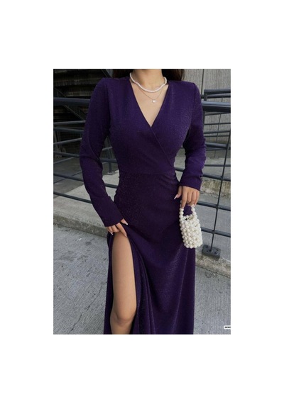 DefyModa Kadın Krep Kumaş Kruvaze Yaka Yırtmaçlı Maxi Abiye Elbise Mor