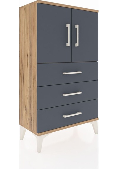 Arges Komodin 2 Raflı 3 Çekmeceli 2 Kapaklı 60x30x106 Çam-ant... Çam
