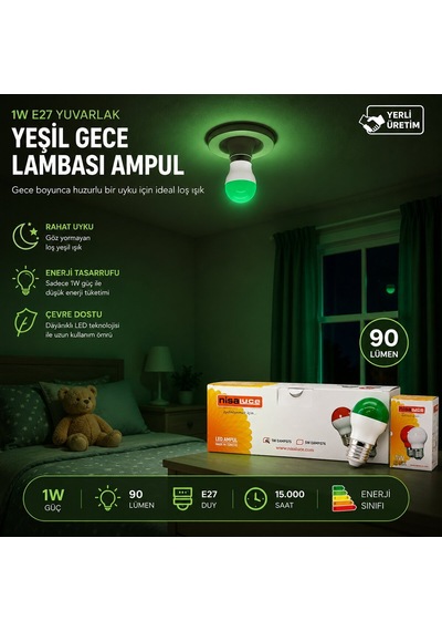 Nisaluce Eamp-075 1w E27 Yeşil Yuvarlak Gece Lambası Led Ampul- 10'li Paket Diğer