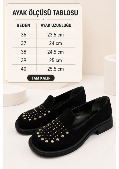 Dabab Shoes Monıca Kadın Siyah Süet Taşlı Zımbalı Yuvarlak Burun 2 Cm Kalın Taban Loafer Ayakkabı