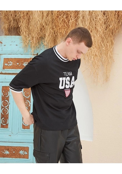 Barlashive Erkek Bisiklet Yaka Tişört Nakış İşlemeli Kısa Kol Oversize T-shirtsiyah Çok Renkli