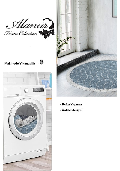Dekoreko Kaymaz Taban Djt Salon Halısı Star Pamuk Saçaklı Yuvarlak Iskandinav F5084 lacivert