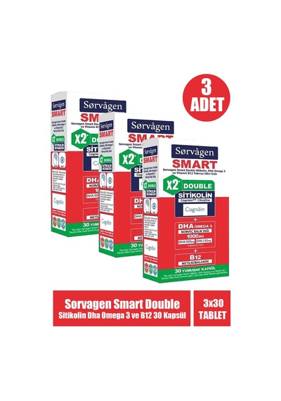 Sorvagen Smart Double Sitikolin Dha Omega 3 Ve B12 30 Kapsül 3 Adet