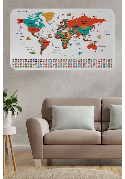 Türkçe Ülke Bayrak Lı Eğitici Başkent Detaylı Atlası Dünya Haritası Duvar Sticker -60x105-3858 Çok Renkli