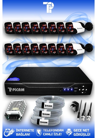 Picam 16 Kameralı Panda 16 Dış Kamera Set HDD'siz Full HD Gece Görüşlü Güvenlik Kamerası Sistemi