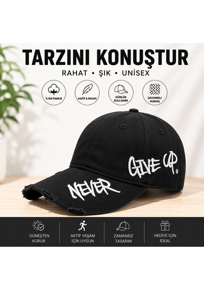 Valkyrie Unisex Siyah Never Give Up Nakışlı Baseball Şapka Ayarlanabilir Vintage Streetwear Spor Kep
