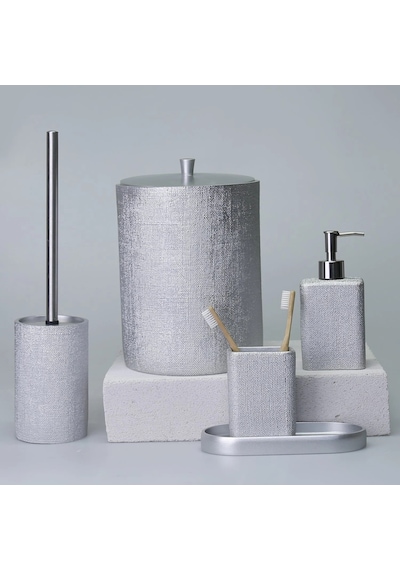 By Selim Linen Gümüş 5 Parça Polyester Banyo Seti Gümüş