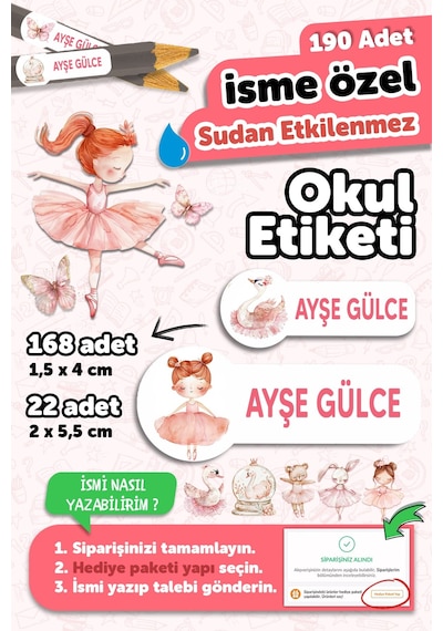 Okul Etiketi Kalem Defter İsimli Etiket Isim Yazılabilen Balerin - 190 Adet Özel Tasarım Okul Etiket Çok Renkli