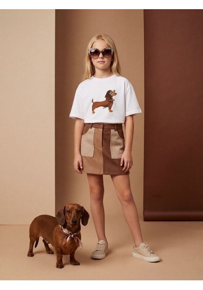 Zekids Kız Çocuk Köpek Baskılı Taş Detaylı Tasarım T-shirt-17187 Beyaz