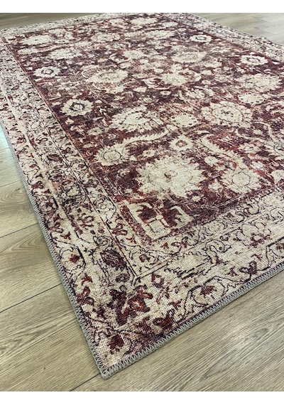 Çam Halı Anatolia 32-048 Etnik Eskitme Desenli Dokuma Tabanlı Yıkanabilir Şönil Salon Ve Oda Halısı Krem - Bordo