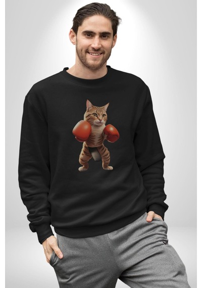 Boks Yapan Kedi Unisex Siyah Baskılı Sweatshirt Siyah