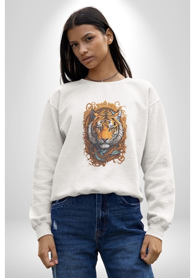 Kaplan Süs Unisex Beyaz Baskılı Sweatshirt Beyaz