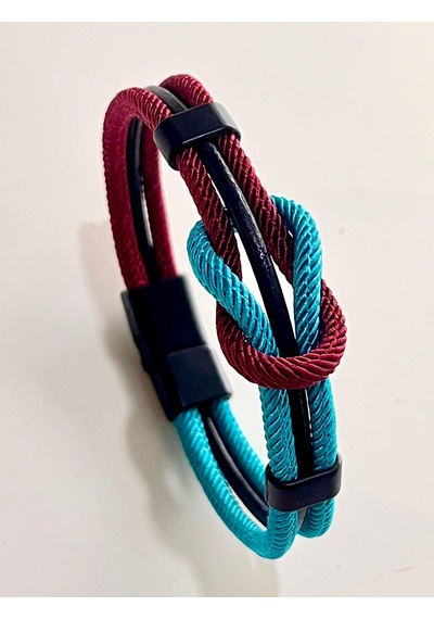 Çift Renkli El Yapımı Taraftar Bilekliği Makrome-%100 Deri Kombin Unisex Bileklik Net 21 Cm Bordo - Mavi