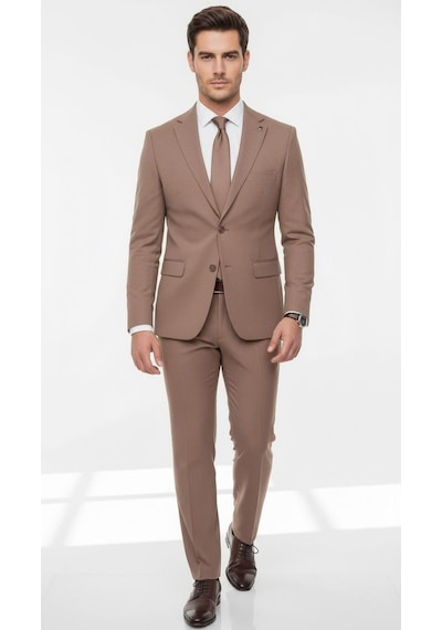 Erkek Slim Fit Mikro Desenli Takım Elbise 2 Düğmeli Çift Yırtmaçlı Modern Ceket Pantolon Takım Vizon
