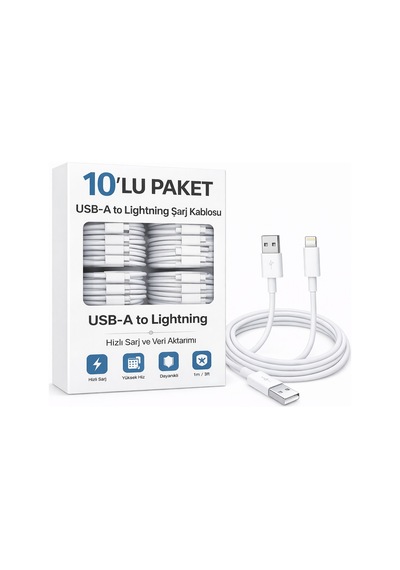 10'lu Paket Şarj Kablosu Çift Taraflı Usb-a To Lightning 1 Metre