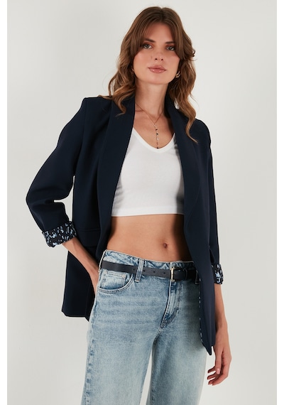 Lela Regular Fit Klasik Yaka Desenli Astar Detaylı Blazer Bayan Ceket 6839227 Lacivert