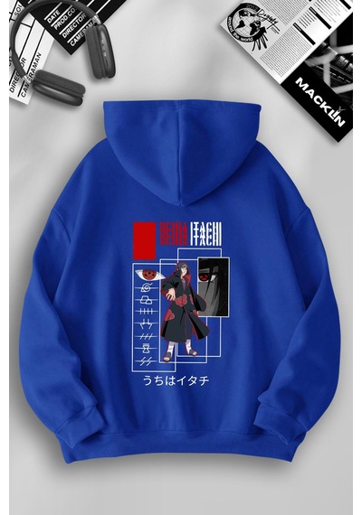 Macklin Unisex Kadın Erkek Uchiha İtachi Anime Ön Ve Arka Özel Tasarım Baskılı Kapşonlu Sweatshirt Mavi Mck1215 Mavi