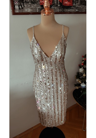 Chica Rosa Fashion Dore Işıltılı Pullu Askılı Midi Elbise