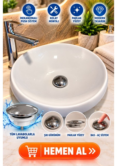 Lavabo Gider Süzgeci Bas Aç Pop-up Sistem Taşma Yüzüklü Dayanıklı Tasarım Gri