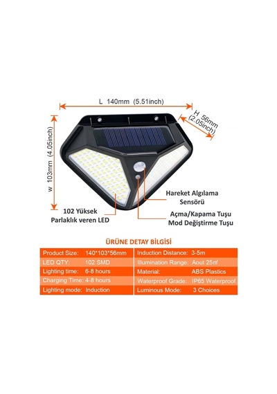 Technojet 2adet Solar 102 Ledli Modlu Bahçe Aydınlatması Güneş Enerjili Hareket Sensörlü Lamba Çok Renkli