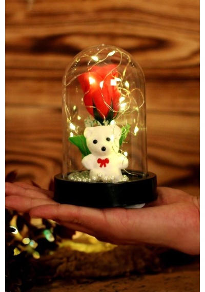 3 Modlu Led Işıklı Fanus İçinde Beyaz Ayıcık Detaylı Sevgiliye Hediyelik Dekoratif Gece Lambası