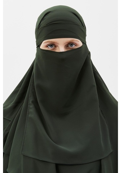 Altobeh Hazır Pratik Şifon Üç Katlı Peçeli Üçgen Hac Umre Şalı Sufle Hijab Nikap Haki