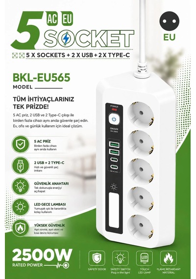 5 Li Akım Korumalı Priz 2500w 2 Usb + 2 Type-c Hızlı Şarj Led Gece Lambalı Dokunmatik Beyaz 0