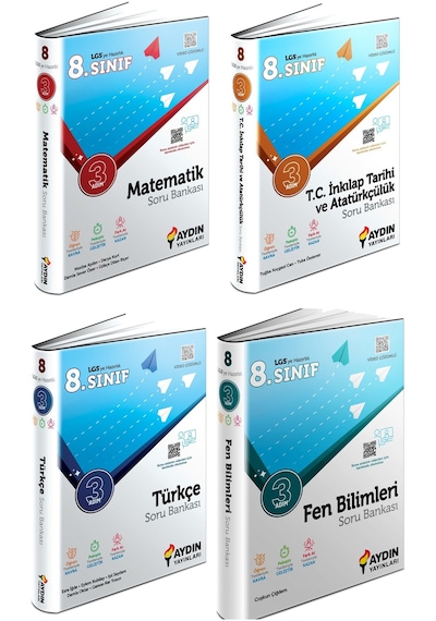 Aydın 2024 8. Sınıf Matematik + Türkçe + Fen + İnkılap Üç Adım Soru Seti 4 Kitap