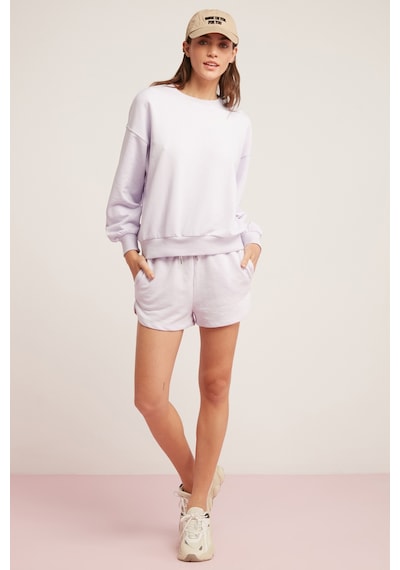 Ethıquet Sahra Kadın Pamuklu Içi Polarlı Yumuşacık Oversize Yuvarlak Yaka Basıc Lila Sweatshirt