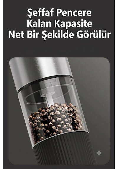 2 Adet Şarjlı Otomatik Baharat Öğütücü Değirmen - 5 Kademe Ayarlı Seramik 2'li Tuz Karabiber Değirmeni Siyah