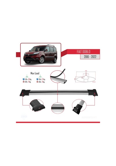 Fiat Doblo 2010-2022 Arası İle Uyumlu Fly Model Ara Atkı Tavan Barı Gri 3 Adet Bar