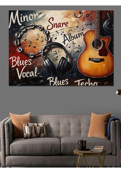 Müzik Notları Ve Klasik Gitar Dekoratif Kanvas - Mdf Ahşap Tablo